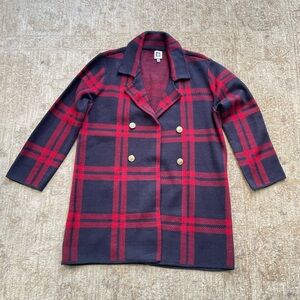 Wool-Blend Red & Black Plaid Double-Breasted Coat